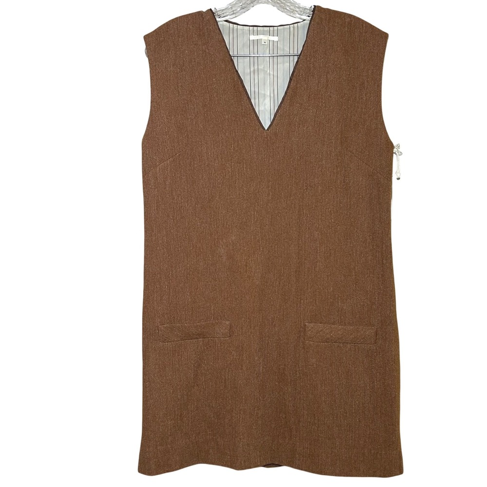 Thom Dolan Brown Herringbone V Neck Sleeveless Mini Dress Size M Academia Preppy